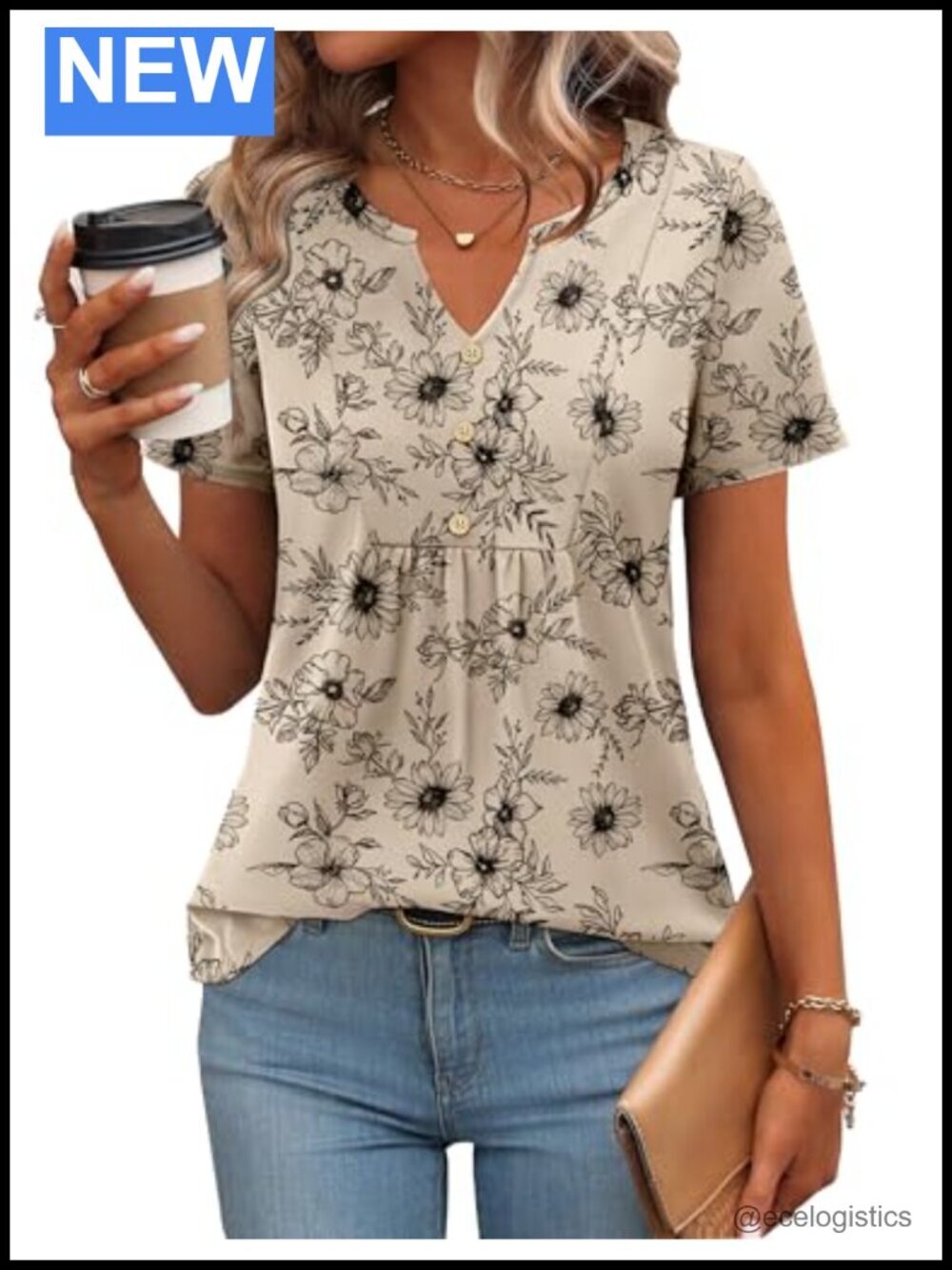 Women's Short Sleeve Henley V-Neck Pleated Tunic Blouse Dressy Floral Tee